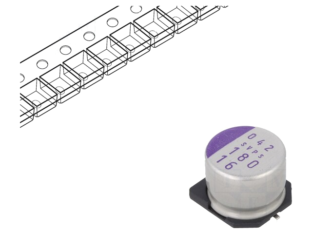 Condensator: polymeer; 180uF; 16VDC; SVPS; SMD; ±20%; -55÷105°C Condensator: polymeer; 180uF; 16VDC; SVPS; SMD; ±20%; -55÷105°C